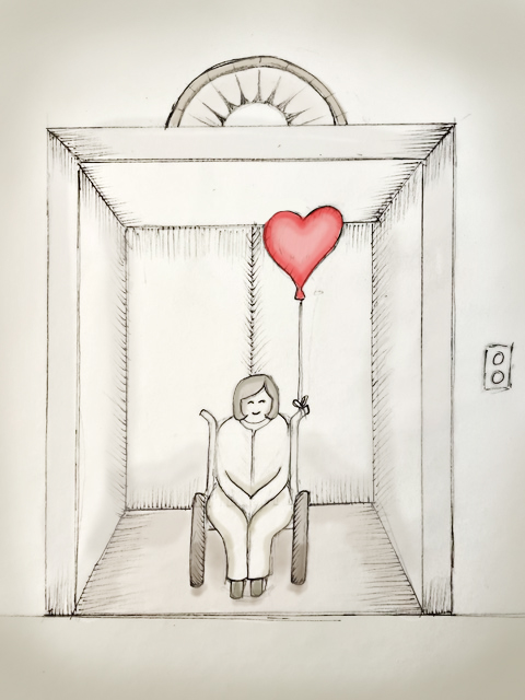 An illustration of a patient in a wheelchair in an elevator with a heart balloon.